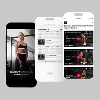 Three cellphone screens of the Burnt Strong program, the cover photo of Uleen in the gym, a workout page with a section to track your weights and reps and then a library of demonstration videos of each exercise.